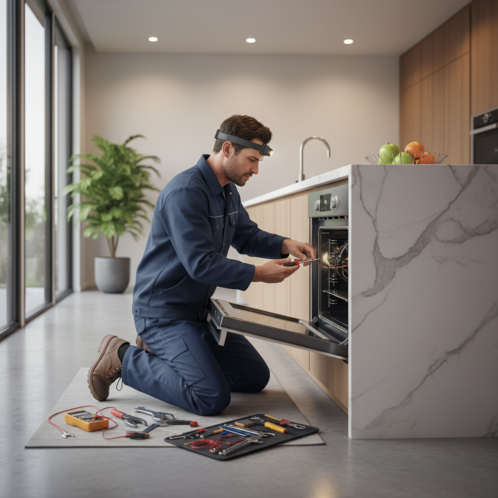 Technician repairing a built-in oven